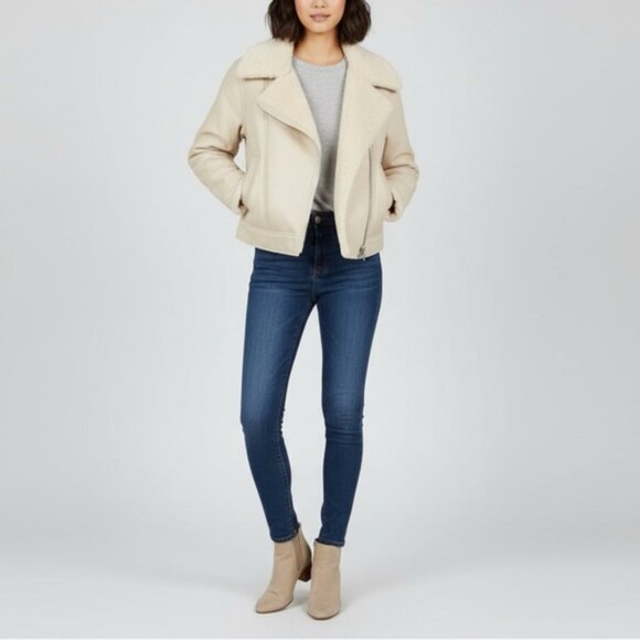 Abercrombie & Fitch Vegan Leather Shearling Jacket Aviator Jacket Ivory Size S - Picture 1 of 14